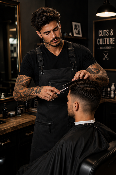 Male barber wearing a black V-neck T-shirt while cutting a client's hair in a modern barbershop, demonstrating professional salon workwear.
