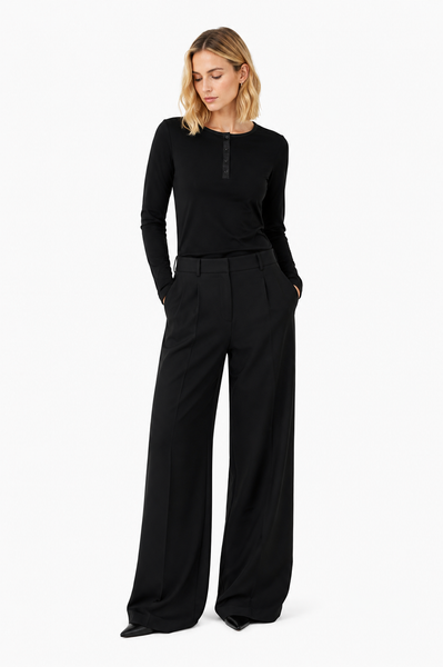 BLACKPANTS Henley Top paired with Wide Leg Pants for professional workwear styling