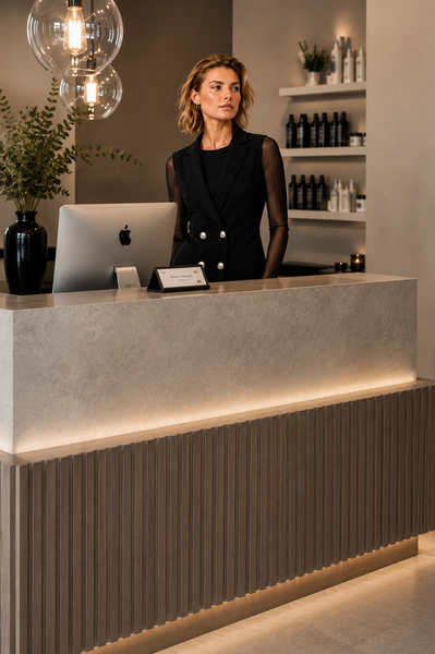 Salon professional wearing the BLACKPANTS Boston Vest at reception, showcasing the tailored silhouette and double-breasted button detailing.