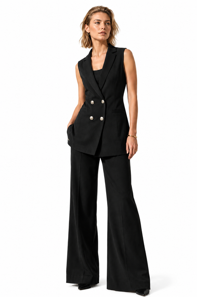 BLACKPANTS Boston Vest styled sleeveless with The Chelsea Pant, highlighting the deep neckline and sophisticated tailored fit.