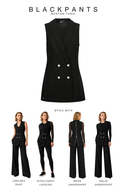 BLACKPANTS Boston Vest styling guide featuring The Chelsea Pant, Intelligent Legging, Mesh Undershirt and Solid Undershirt, showcasing versatile professional uniform combinations.