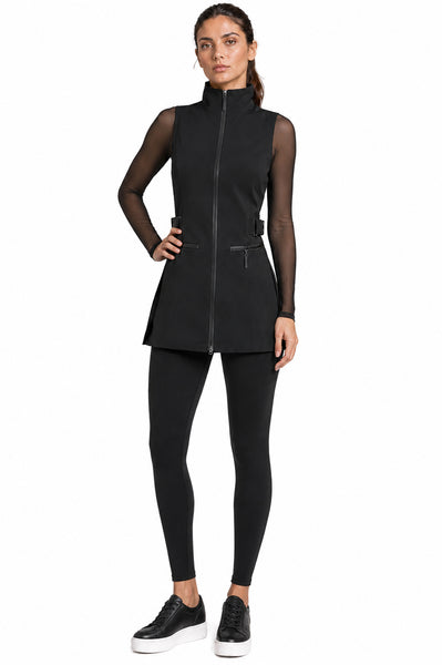 LEXINGTON TUNIC BLACK styled with Mesh Undershirt and The Intelligent Legging for a sleek salon uniform
