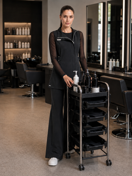 Hairdresser wearing Milan Silver Tunic with mesh undershirt in a professional salon