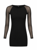 Black fitted layering top in lightweight STAYBLACK stretch jersey featuring a boat neckline, sheer mesh long sleeves and a close-to-body fit
