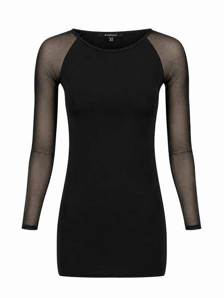 Black fitted layering top in lightweight STAYBLACK stretch jersey featuring a boat neckline, sheer mesh long sleeves and a close-to-body fit