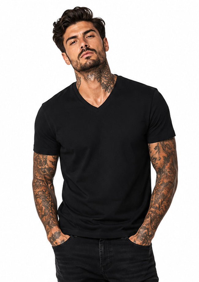 Close-up of a male model wearing a black V-neck T-shirt, highlighting the neckline, fit and smooth finish of the fabric.