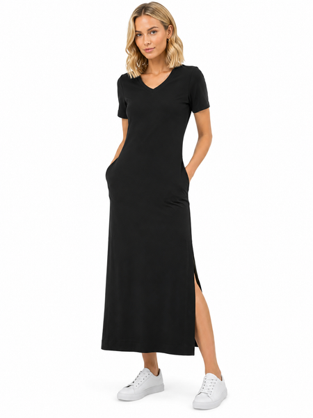 Model wearing BLACKPANTS Maxi Dress with side split detail and ankle-length silhouette