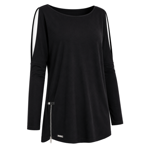 Flat lay of the BLACKPANTS Open Shoulder Drape Top in black with boat neckline, open shoulder sleeves, curved hem and side zip detail