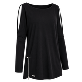 Flat lay of the BLACKPANTS Open Shoulder Drape Top in black with boat neckline, open shoulder sleeves, curved hem and side zip detail