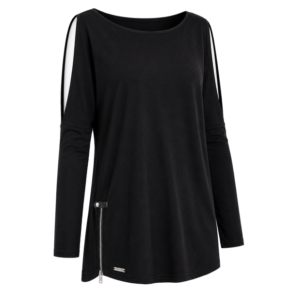 Flat lay of the BLACKPANTS Open Shoulder Drape Top in black with boat neckline, open shoulder sleeves, curved hem and side zip detail