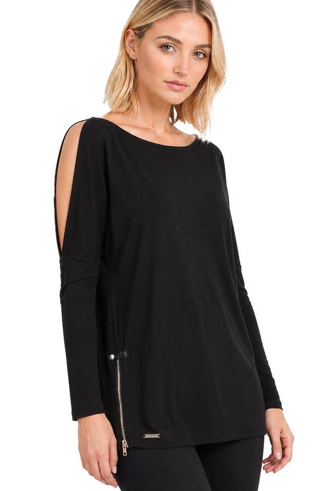 Model wearing the BLACKPANTS Open Shoulder Drape Top in black, featuring a boat neckline, cold shoulder detail, long sleeves and side zip accent.