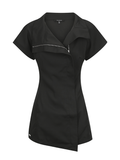 Close-up of the BLACKPANTS Soho Tunic featuring an off-centre zip, statement collar and flattering tailored fit.
