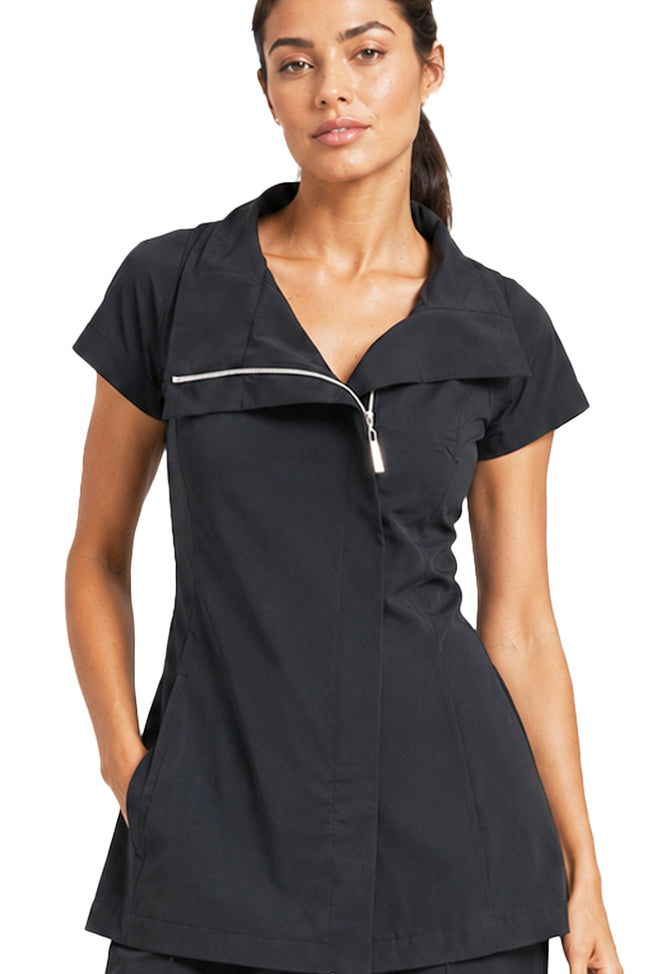 Front product image of the BLACKPANTS Soho Tunic in STAYBLACK fabric with capped sleeves, off-centre zip and asymmetrical hemline