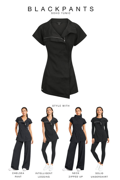 BLACKPANTS Soho Tunic style guide showing outfit pairings with The Chelsea Pant, Intelligent Legging and layering options