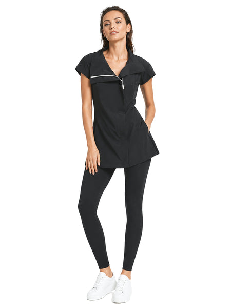 Model wearing the BLACKPANTS Soho Tunic with Intelligent Leggings, highlighting the flattering fit, capped sleeves and modern styling