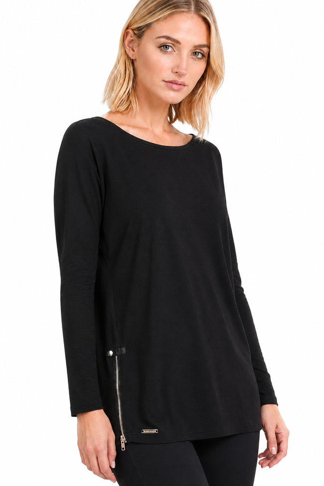 Model wearing BLACKPANTS Drape Sleeve Top featuring boat neckline and side zip detailing