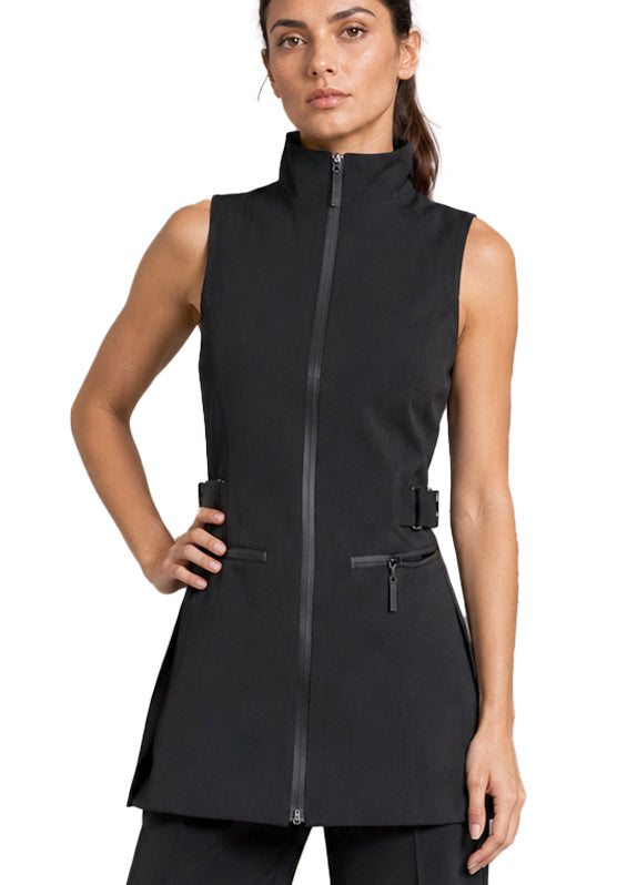 LEXINGTON TUNIC BLACK with high collar showing matte black wet-look zip and front zip pockets