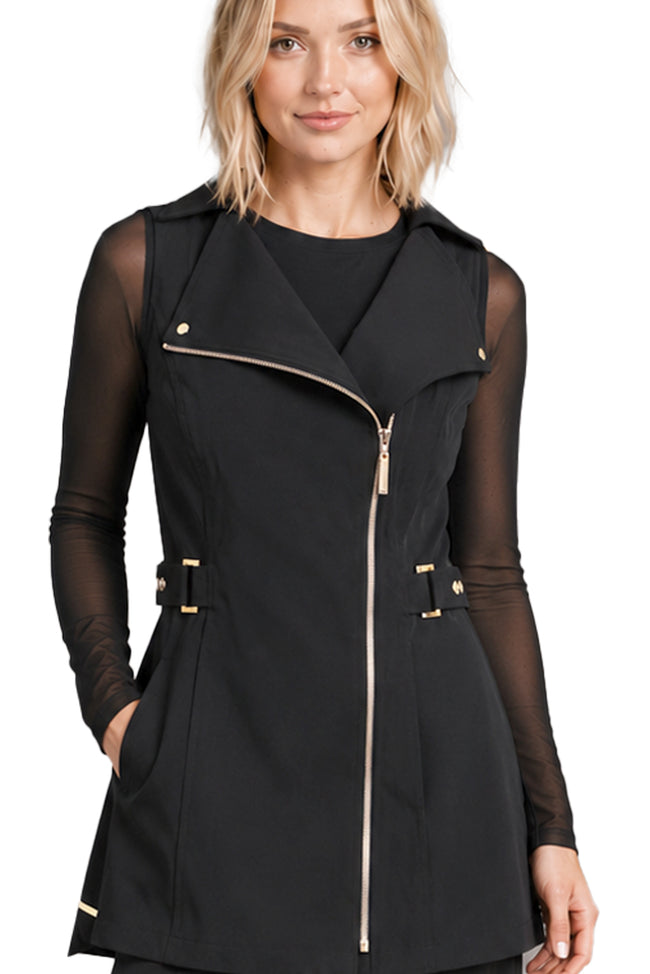 MANHATTAN TUNIC GOLD close-up showing gold zip, wide collar and tailored fit
