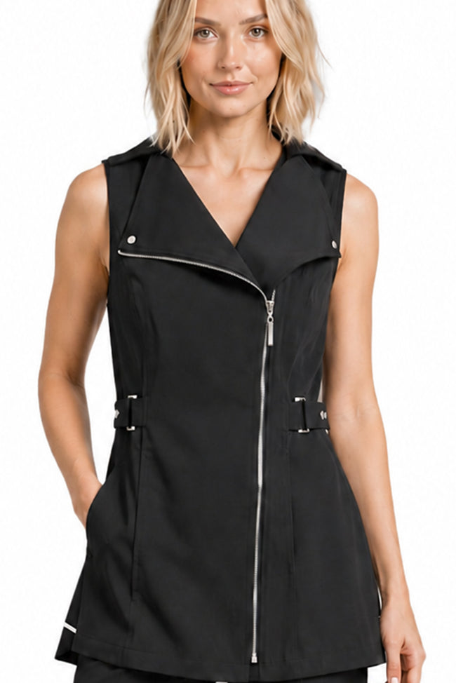 MANHATTAN TUNIC close-up showing wide collar, silver zip and tailored fit