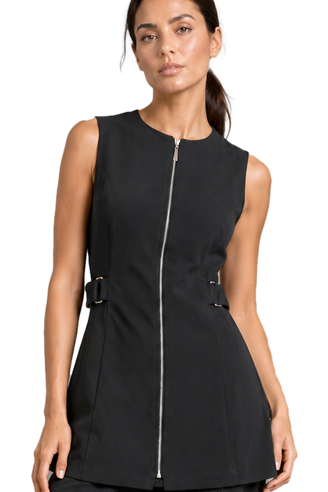 MAYFAIR TUNIC close-up showing collarless neckline, full-length silver zip and adjustable side tabs