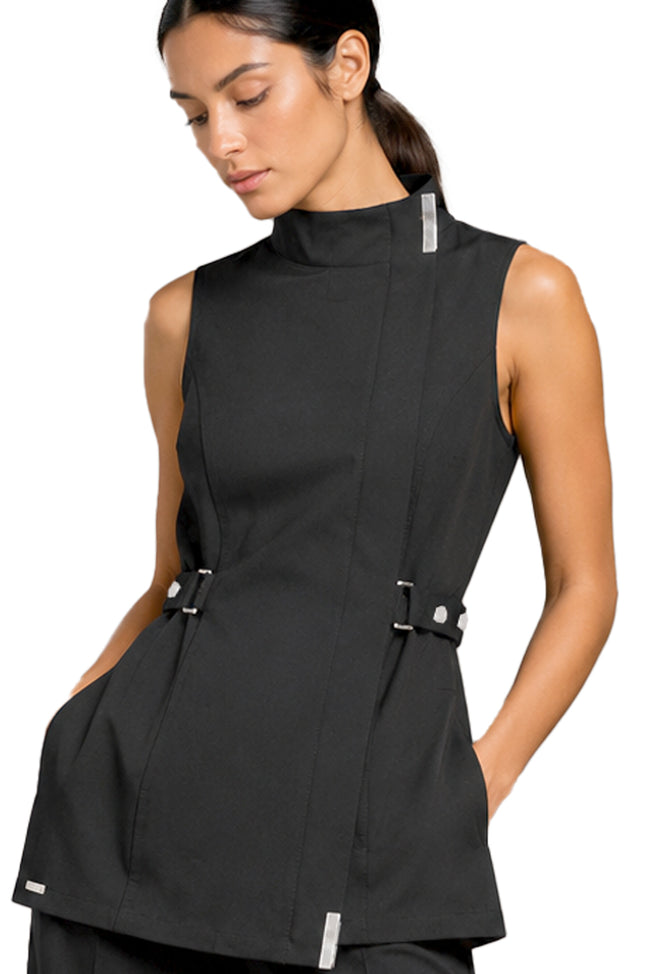 Milan Silver Tunic close up showing high collar, silver zip and adjustable side tabs