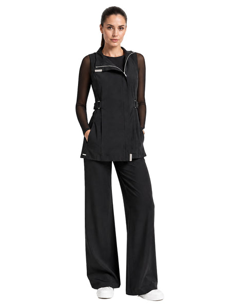 Milan Silver Tunic styled with mesh undershirt and wide-leg black pant