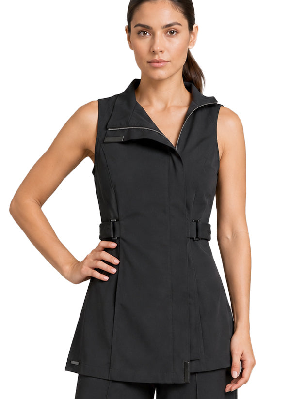 MILAN TUNIC BLACK sleeveless salon tunic with asymmetrical front zip and matte black detailing