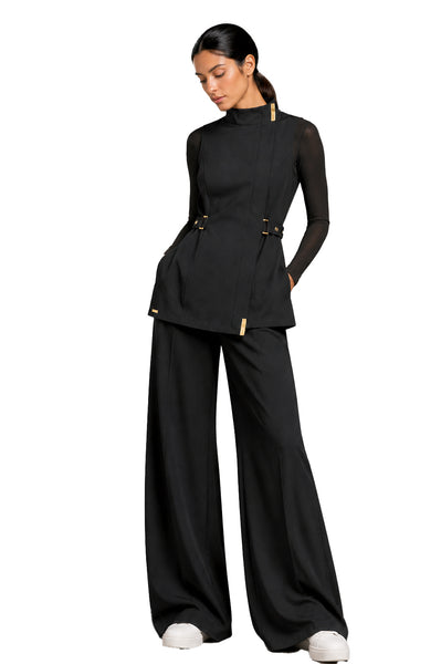 MILAN TUNIC GOLD styled with Chelsea Pant, high collar closed and gold metal detailing