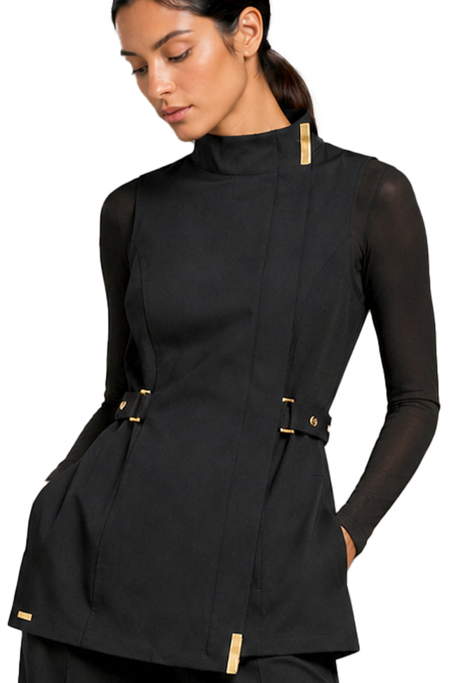 MILAN TUNIC GOLD close-up showing gold metal detailing, side tabs and tailored fit
