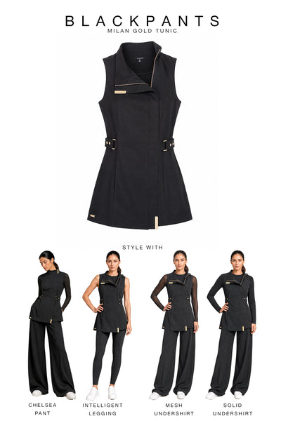 BLACKPANTS Milan Tunic Gold styled with Chelsea Pant, Intelligent Legging, Mesh Undershirt and Solid Undershirt