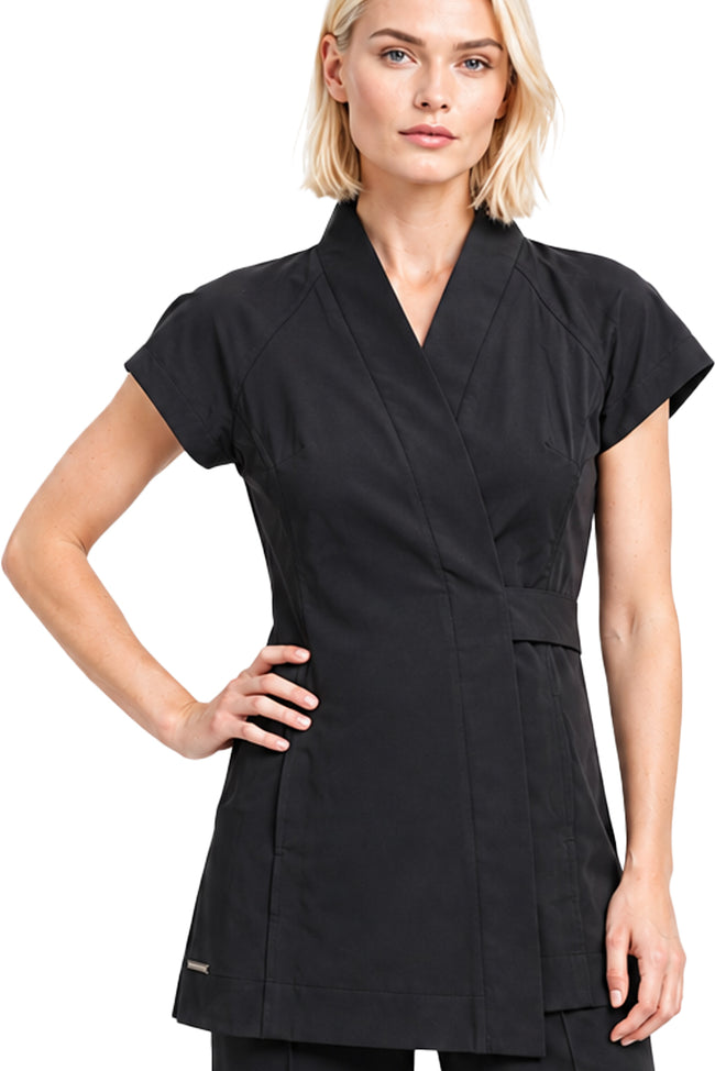 TOKYO WRAP close-up showing deep V neckline, capped sleeves and flattering wrap design